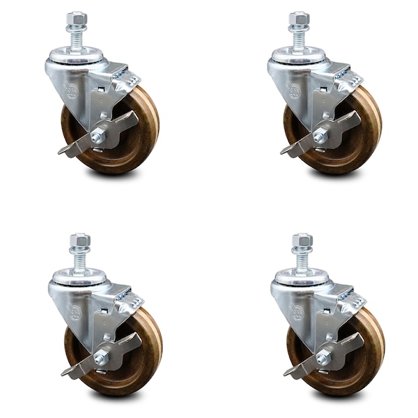Service Caster 4 Inch High Temp Phenolic Swivel 1/2 Inch Threaded Stem Caster Set with Brake SCC SCC-TS20S414-PHRHT-TLB-121315-4 - main